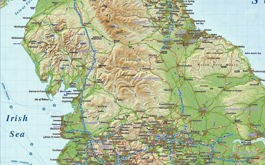 Digital vector England maps, Northern region, Political and Relief Map Of North Of England Uk