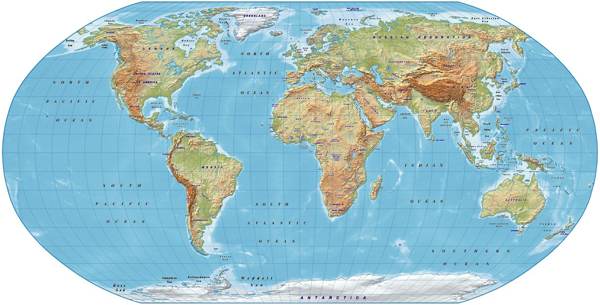 Digital vector, royalty free, World relief map in the Robinson