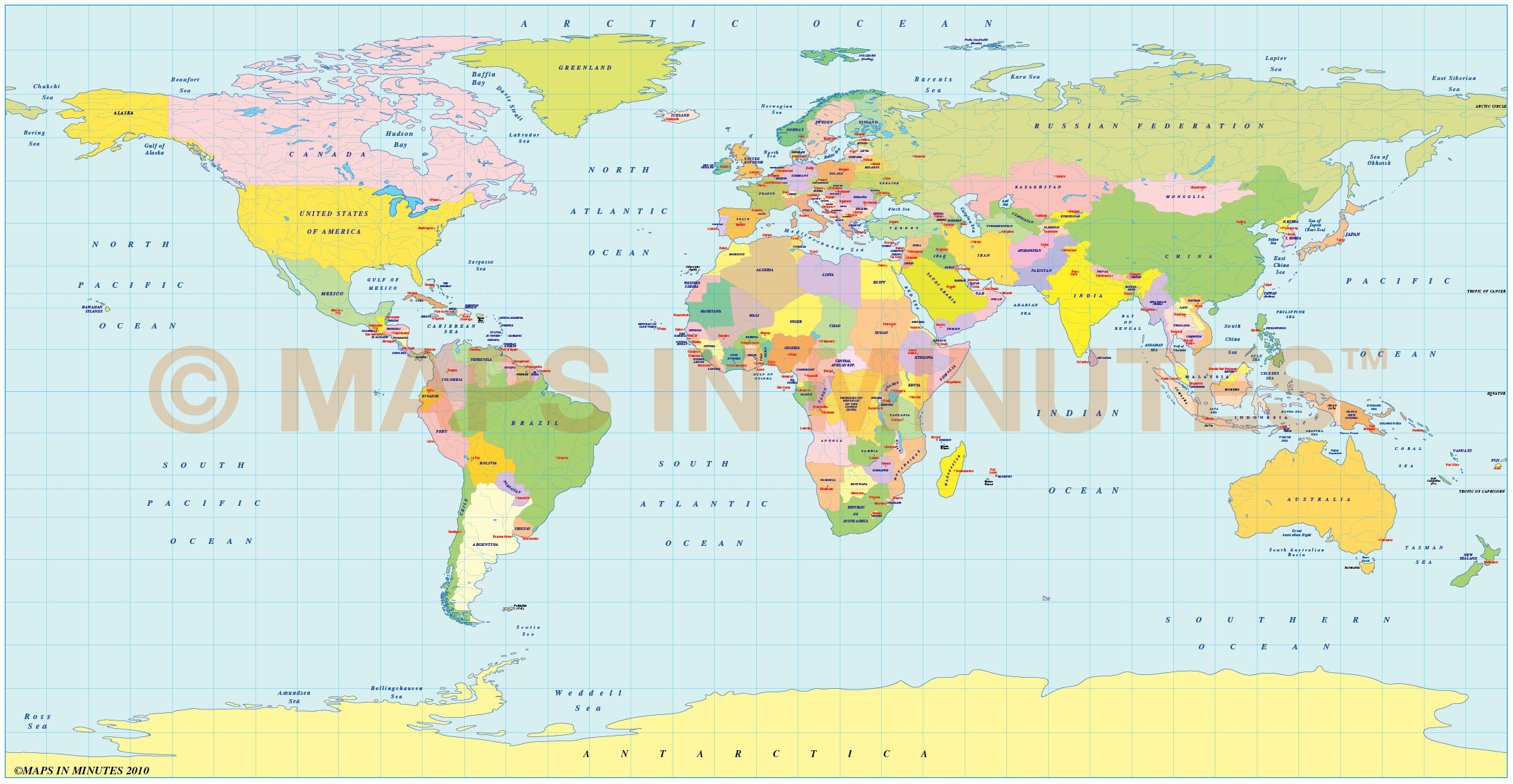 Plate Carrée Projection 100m scale UK centric world map