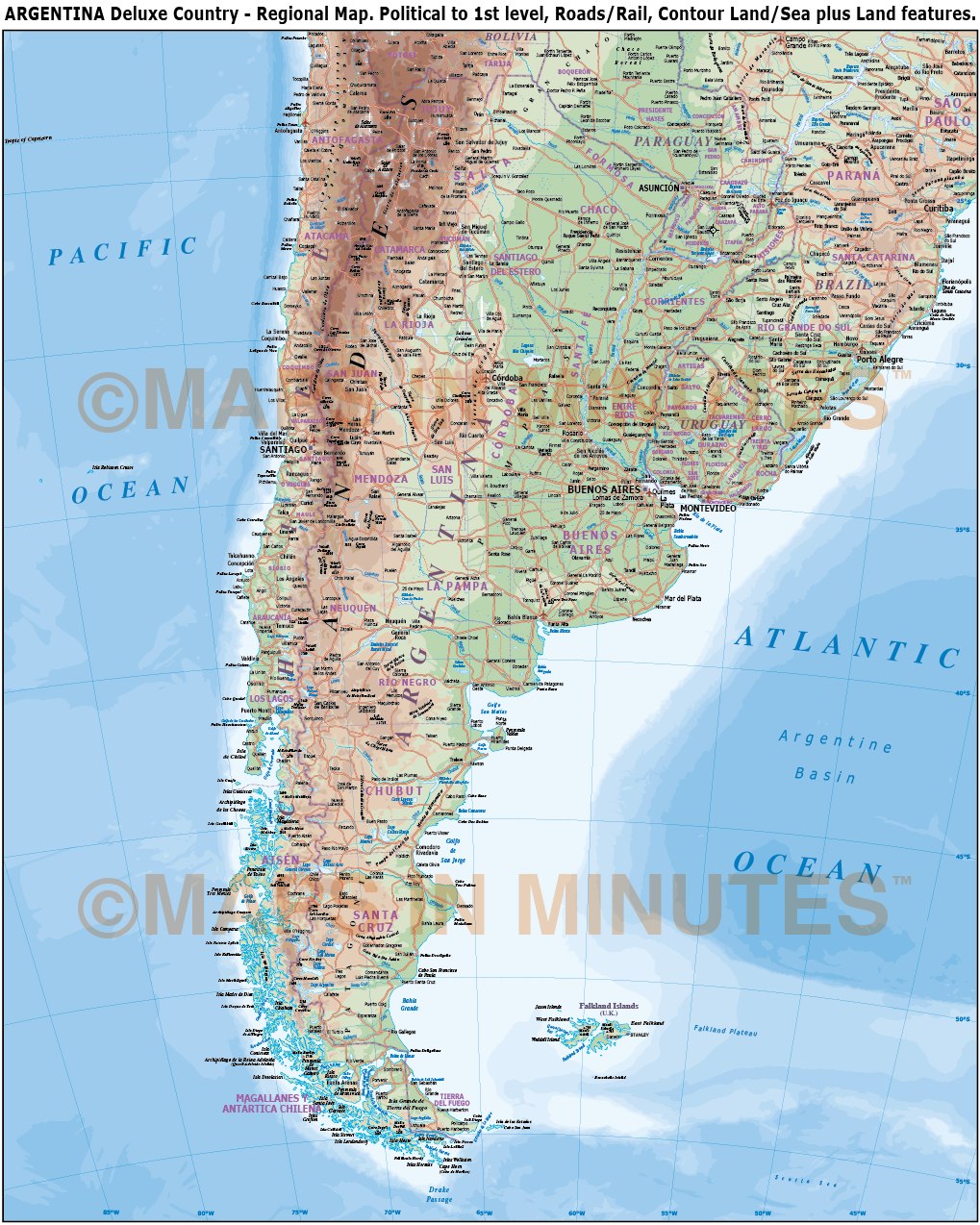 Digital Vector Argentina Deluxe Political Road And Rail Map Plus Land And