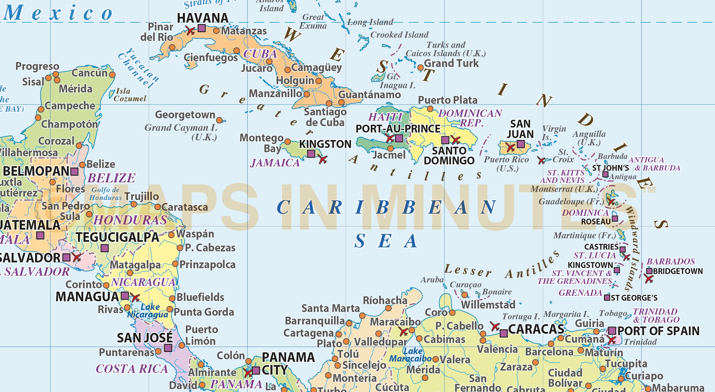 Digital vector Central America & Caribbean Political Map @10m scale