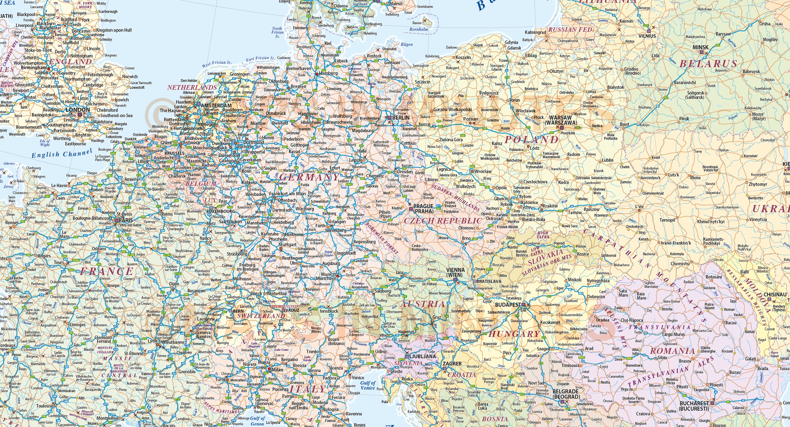 Central Europe Political Country vector map with roads fully layered in