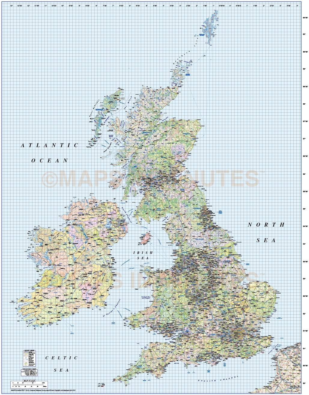british isles 1st level political road rail map 1000000 scale