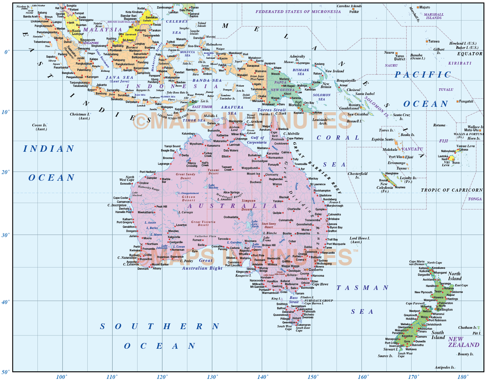 Digital vector Australasia map, basic Region Country map @10m scale in
