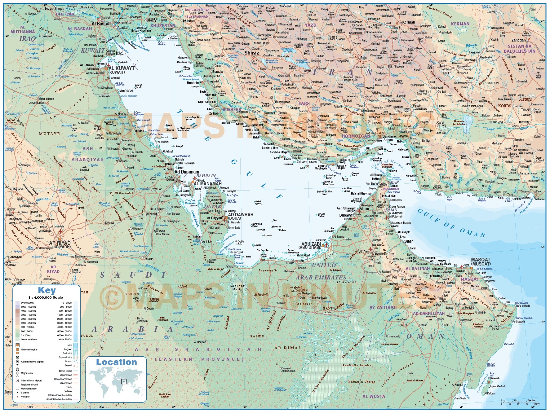 gulf political deluxe map with roads rail and land sea contours showing land