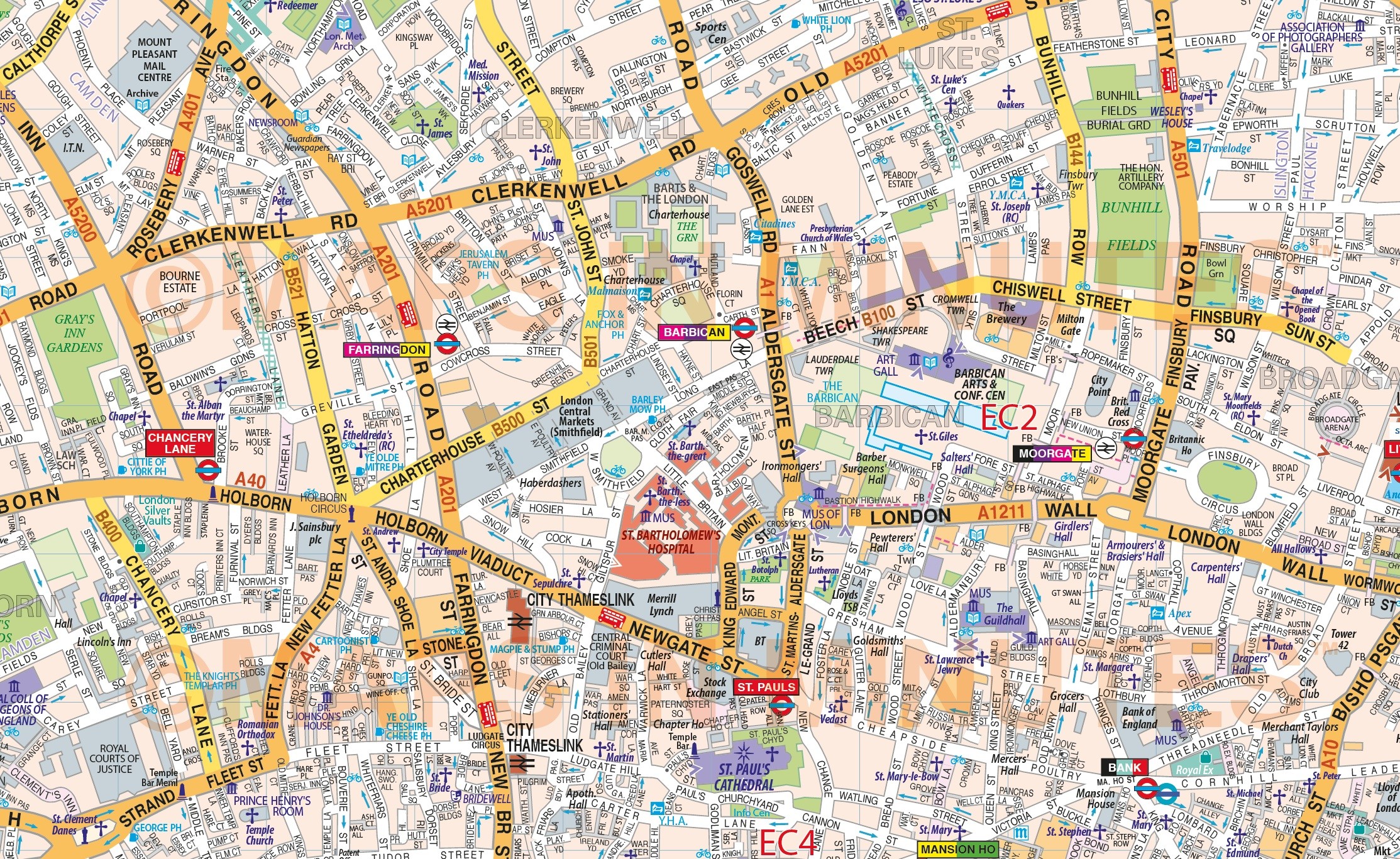 VINYL Central London Street Map - Large size 1.2m d x 1.67m w
