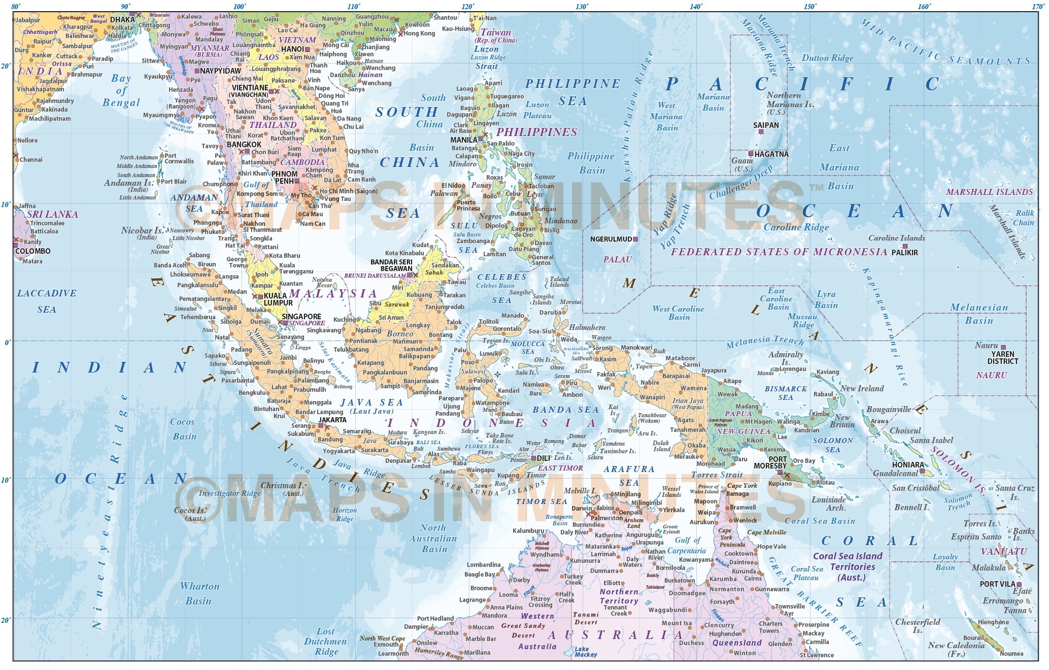 Malaysia/Indonesia Political Map with ocean floor contours @10M scale in Illustrator and 