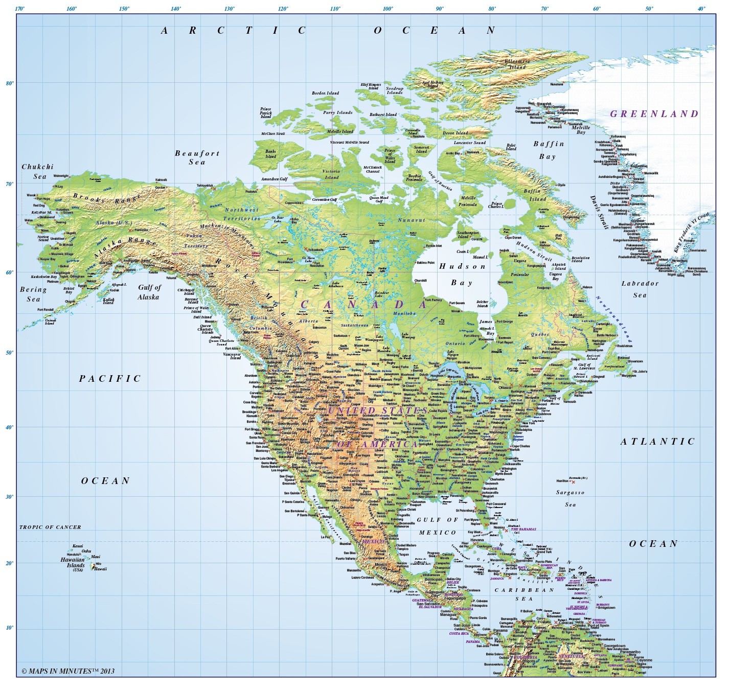 Digital Vector Relief Map Of North America Regular Colours In