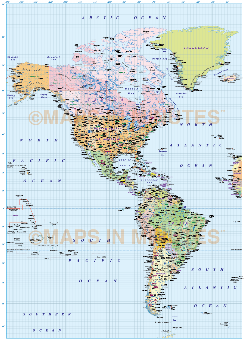 Digital vector North and South America Political map 10,000,000 scale
