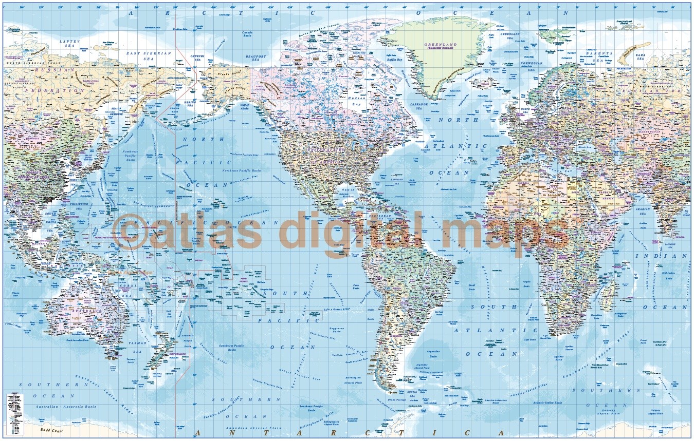 canvas world map framed political ocean contour relief usa centric size 60