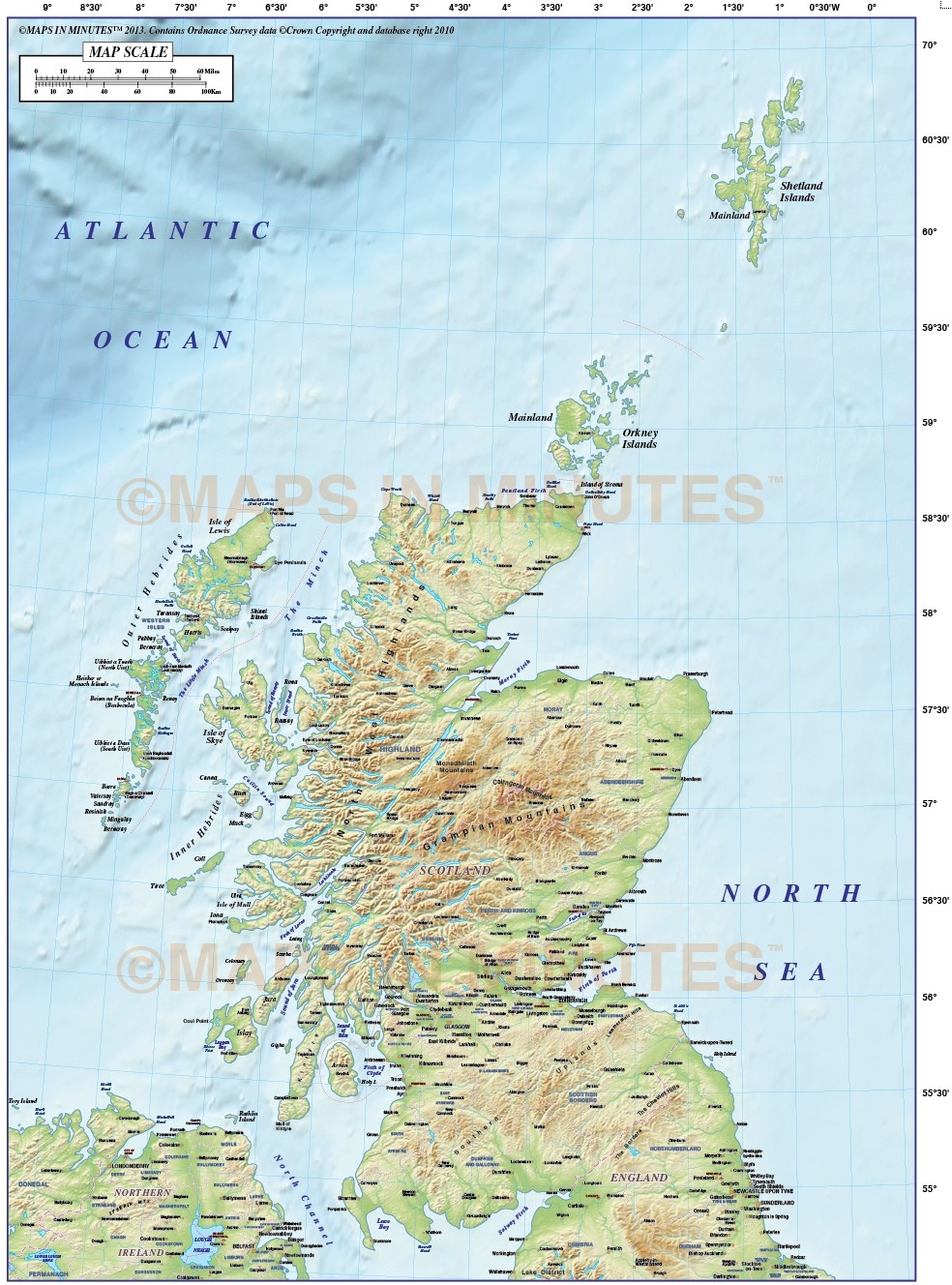 Vector Scotland Regions Map including the Northern Isles, with high res regular colour relief in 