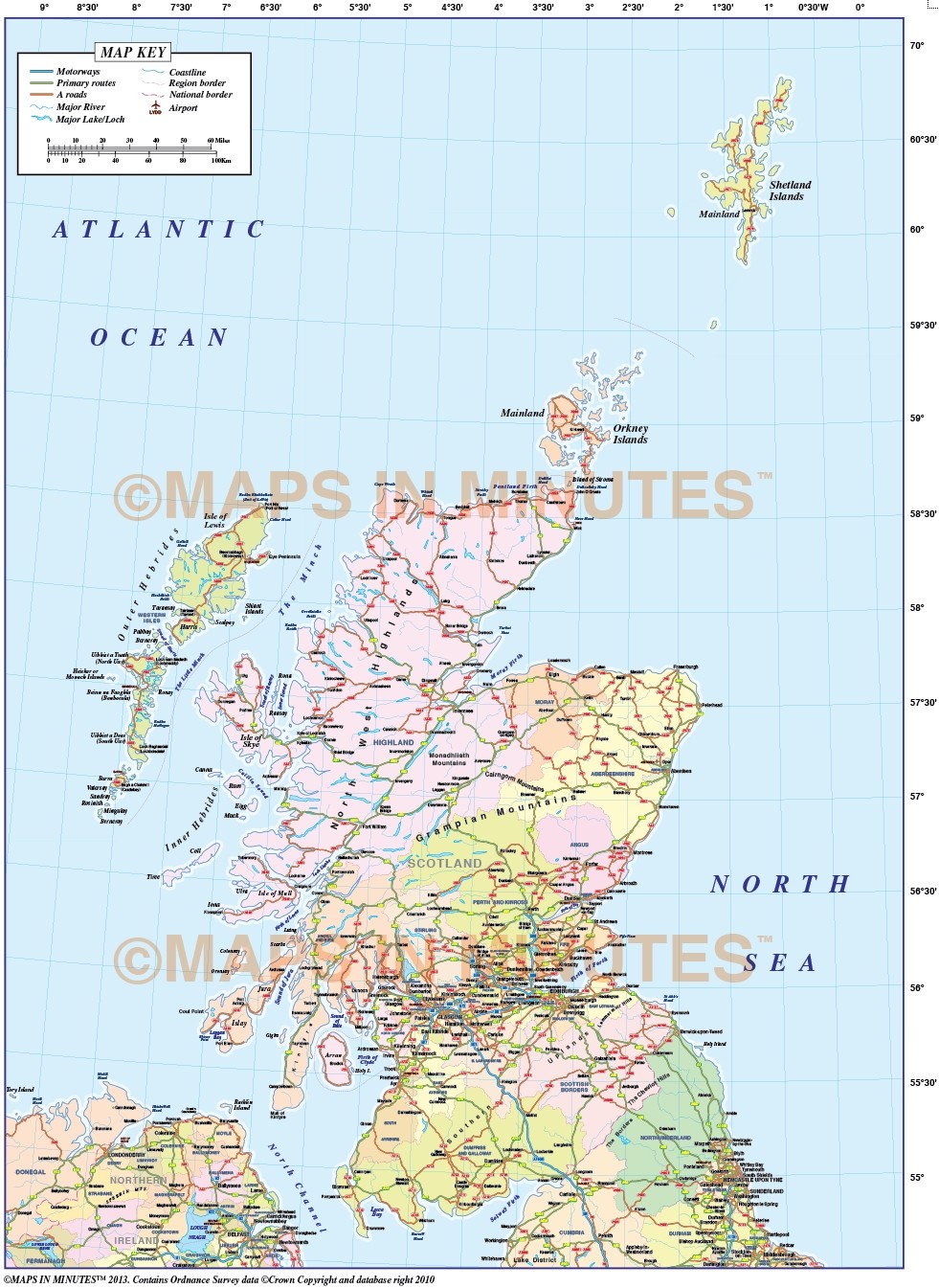 5m scale Scotland Regions with Roads Map including the Northern Isles in illustrator CS and PDF