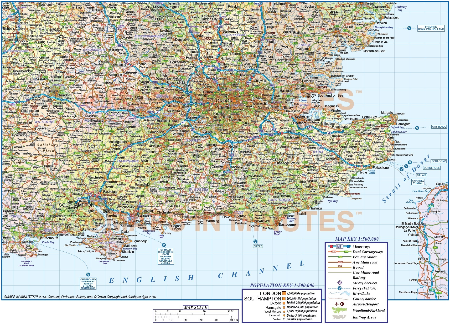 Vector South East England Map. County Political Road and Rail Map @500k