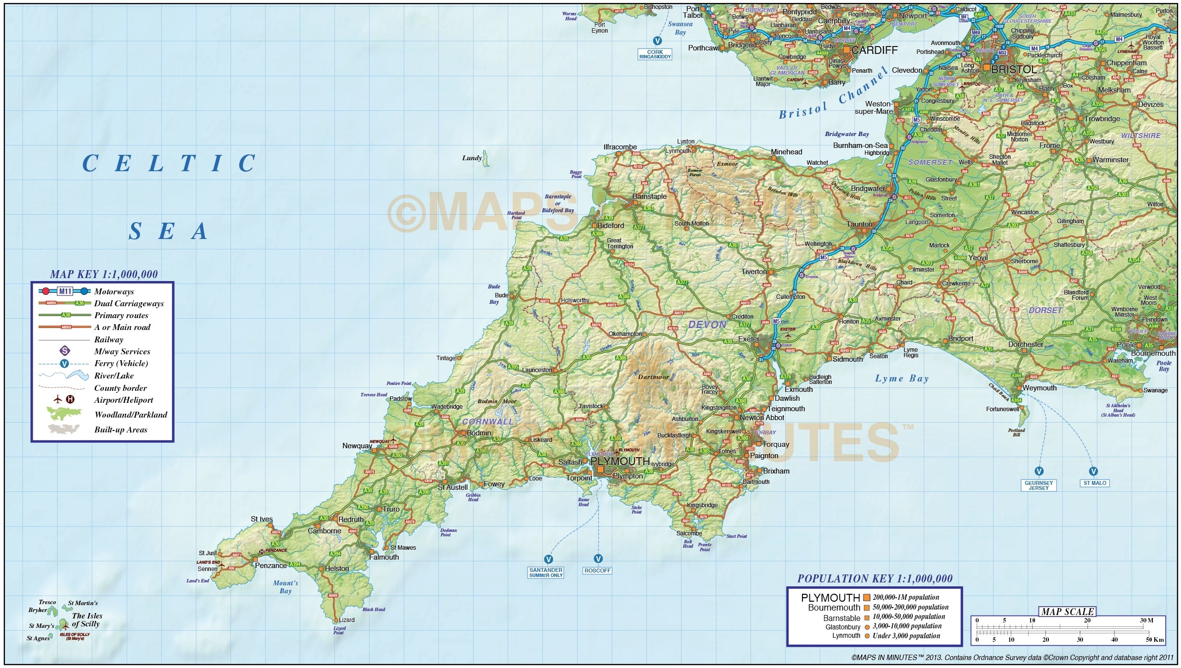 South West England County Road & Rail Map with Regular relief @1m scale