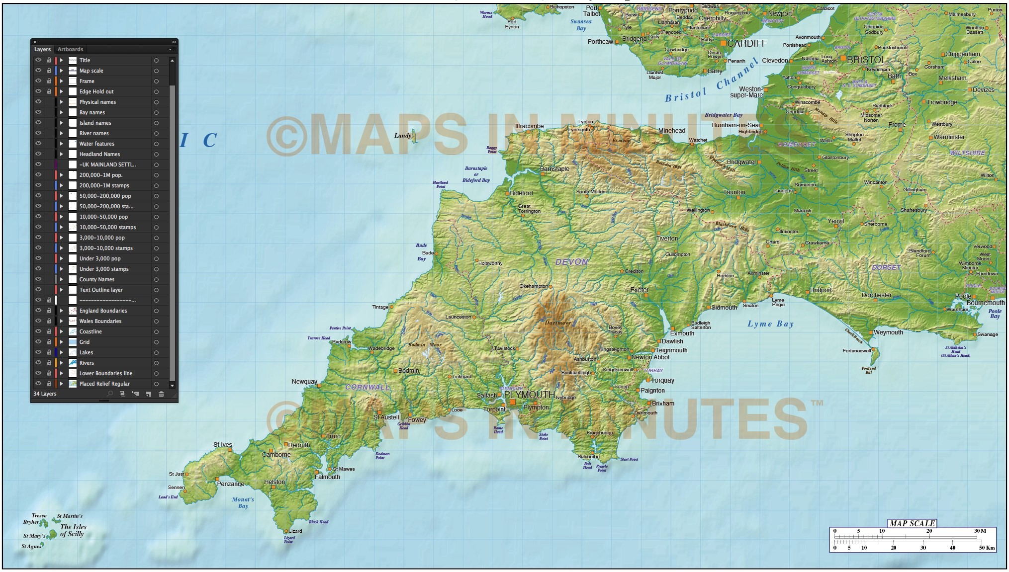 South West England County Map with strong relief 1,000,000 scale in illustrator and PDF vector