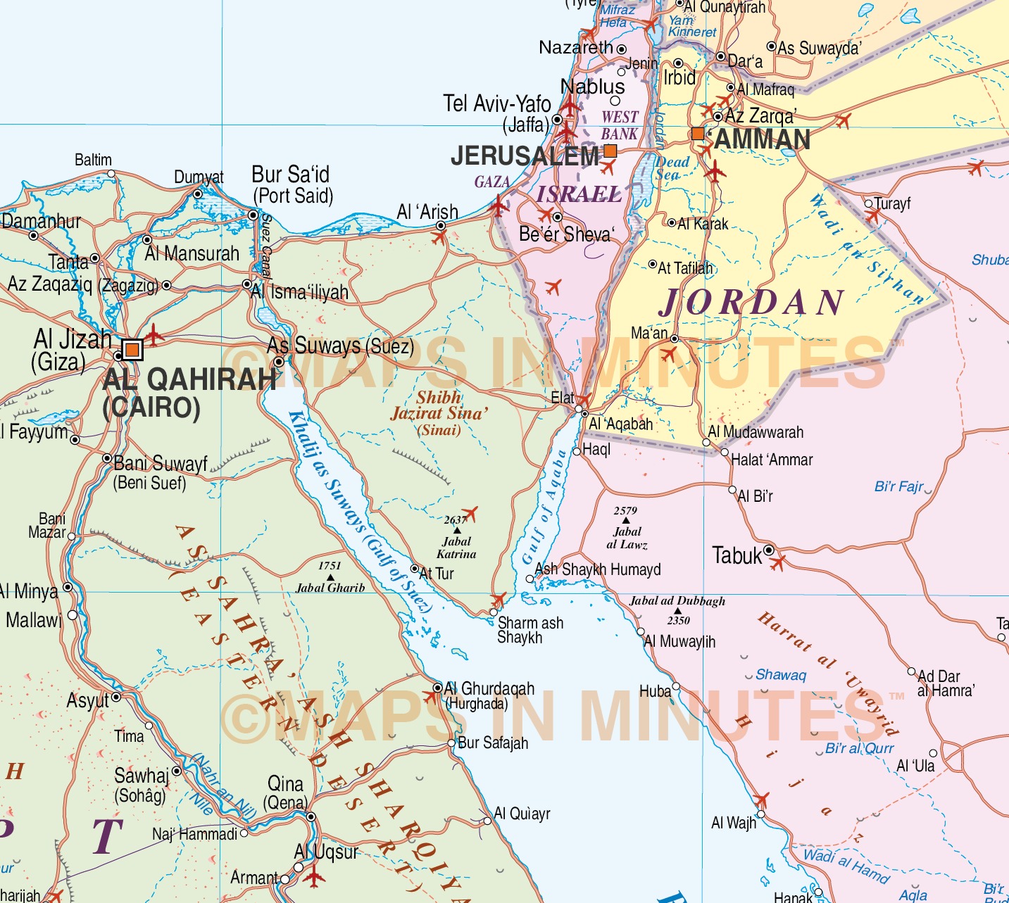 Egypt Country Map plus Road and Rail