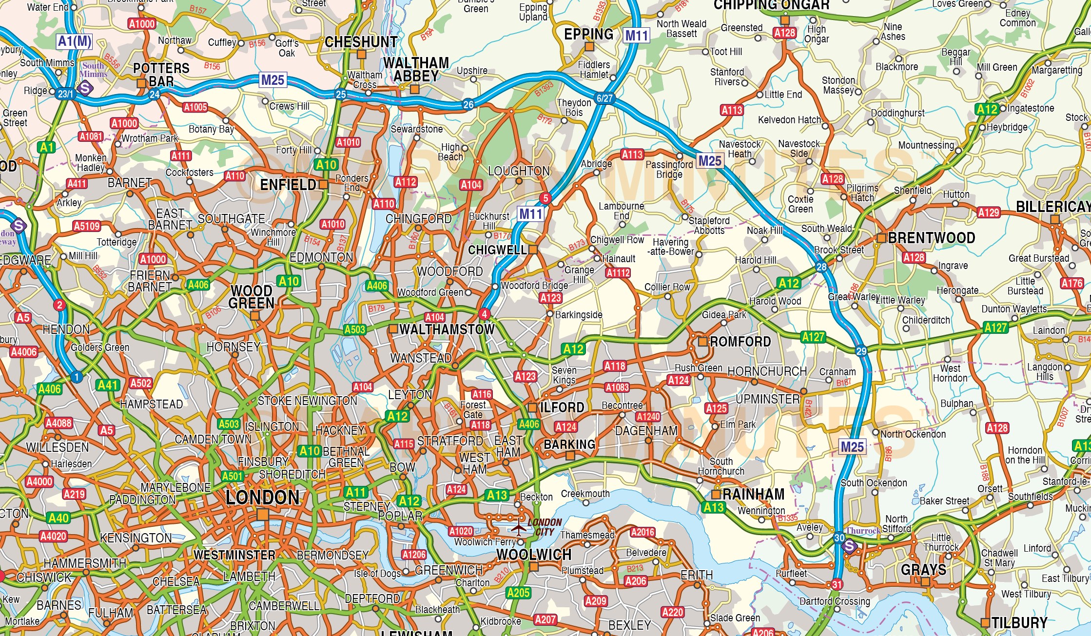 Digital vector map of Greater LondonM25 with roads 250k scale in