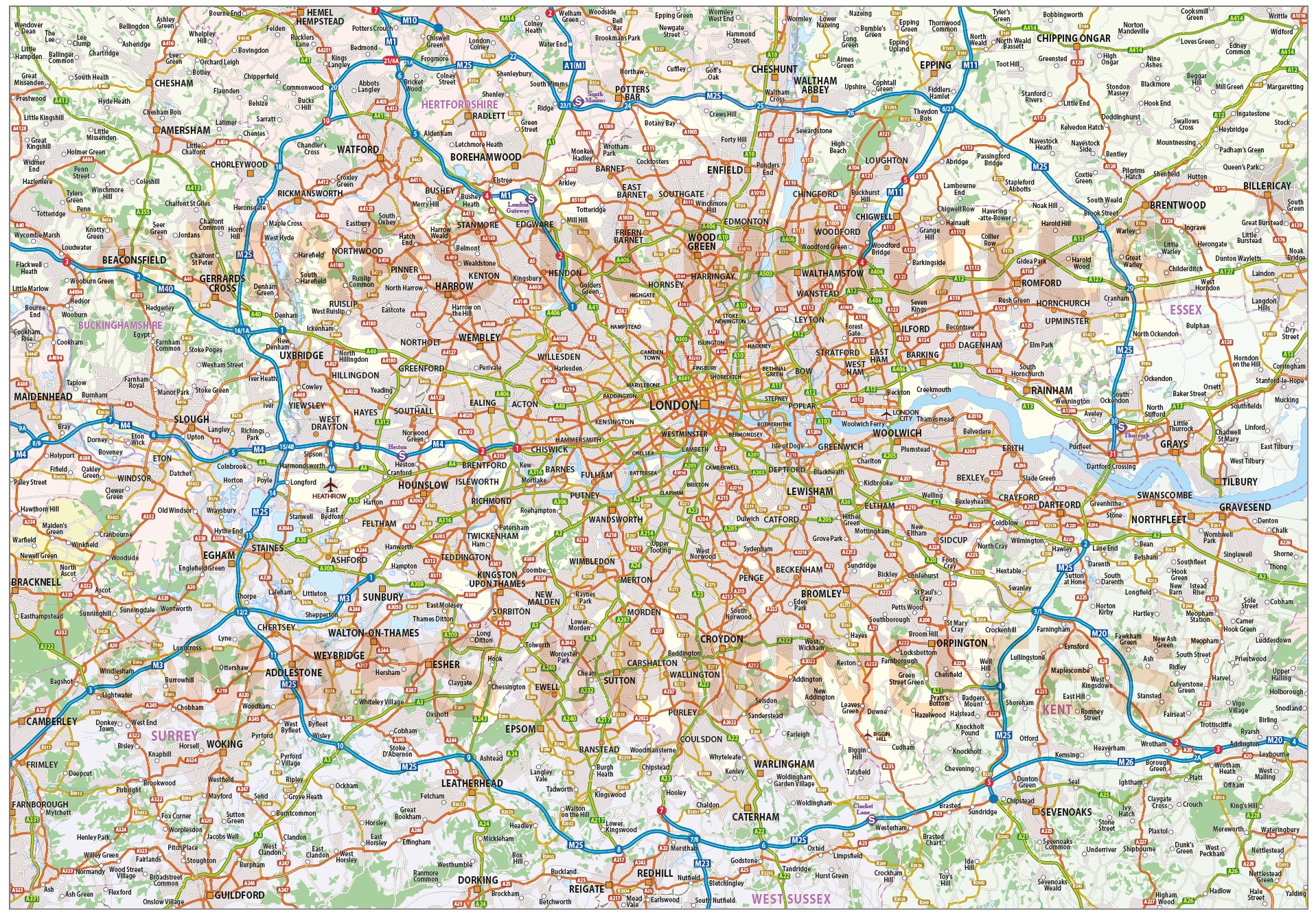 Digital vector map of Greater London-M25 with roads @250k scale in ...