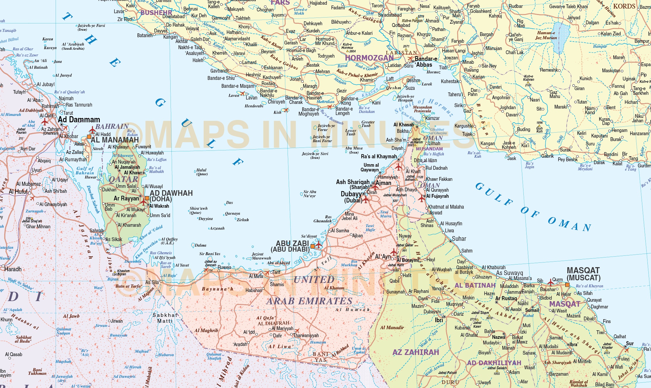 Digital vector Deluxe Gulf region Country Political map including Roads