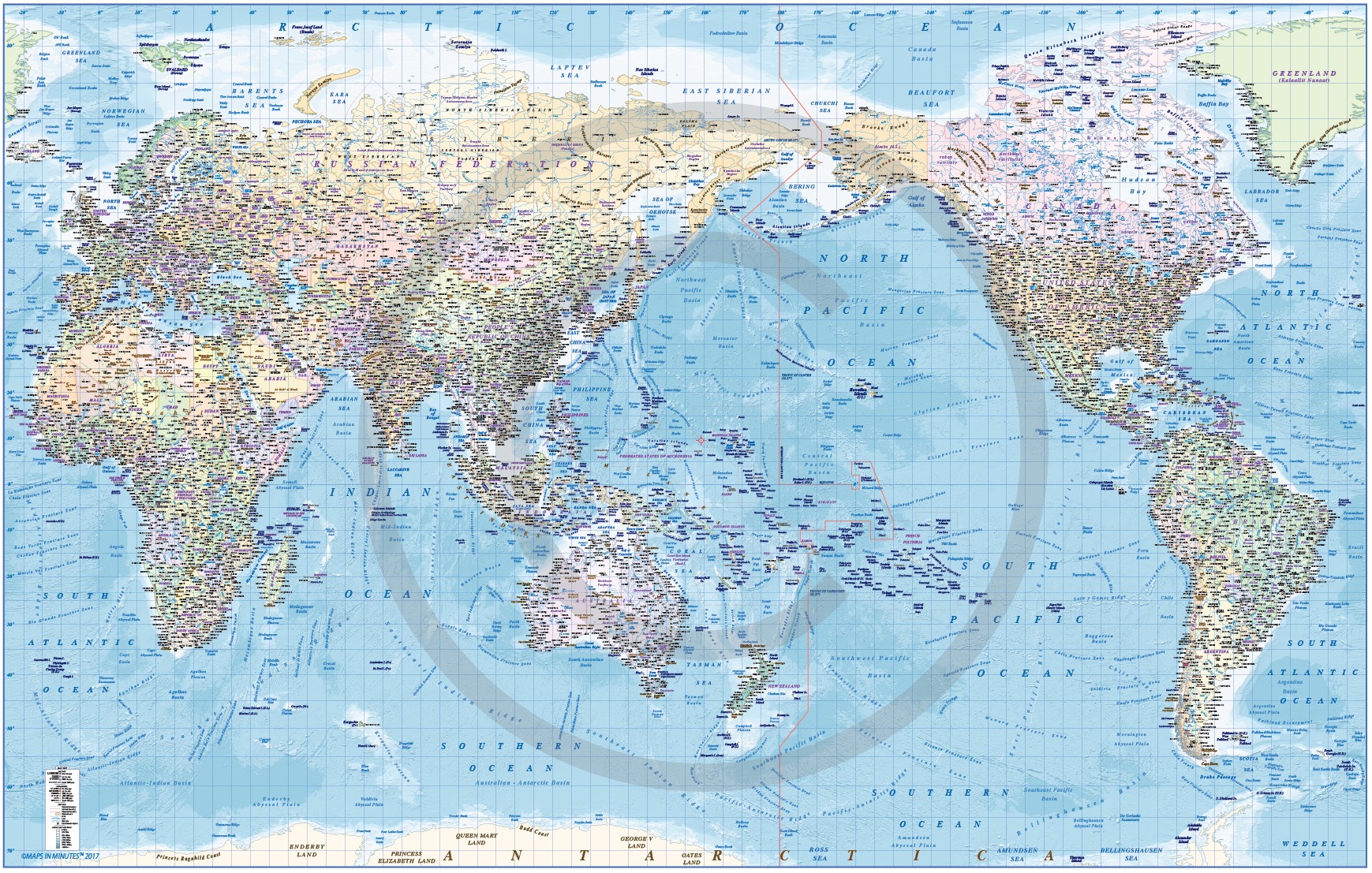 Framed CANVAS World Map Political &amp; Ocean contour relief Pacific centric - Size 60"w x 38"d