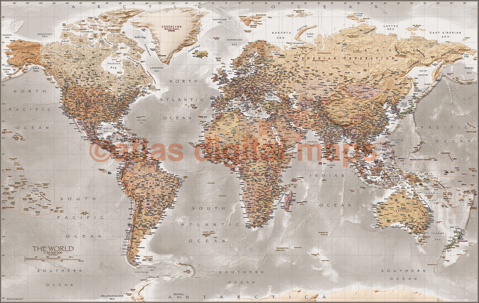 vinyl world map print antique style tan stone large size 60