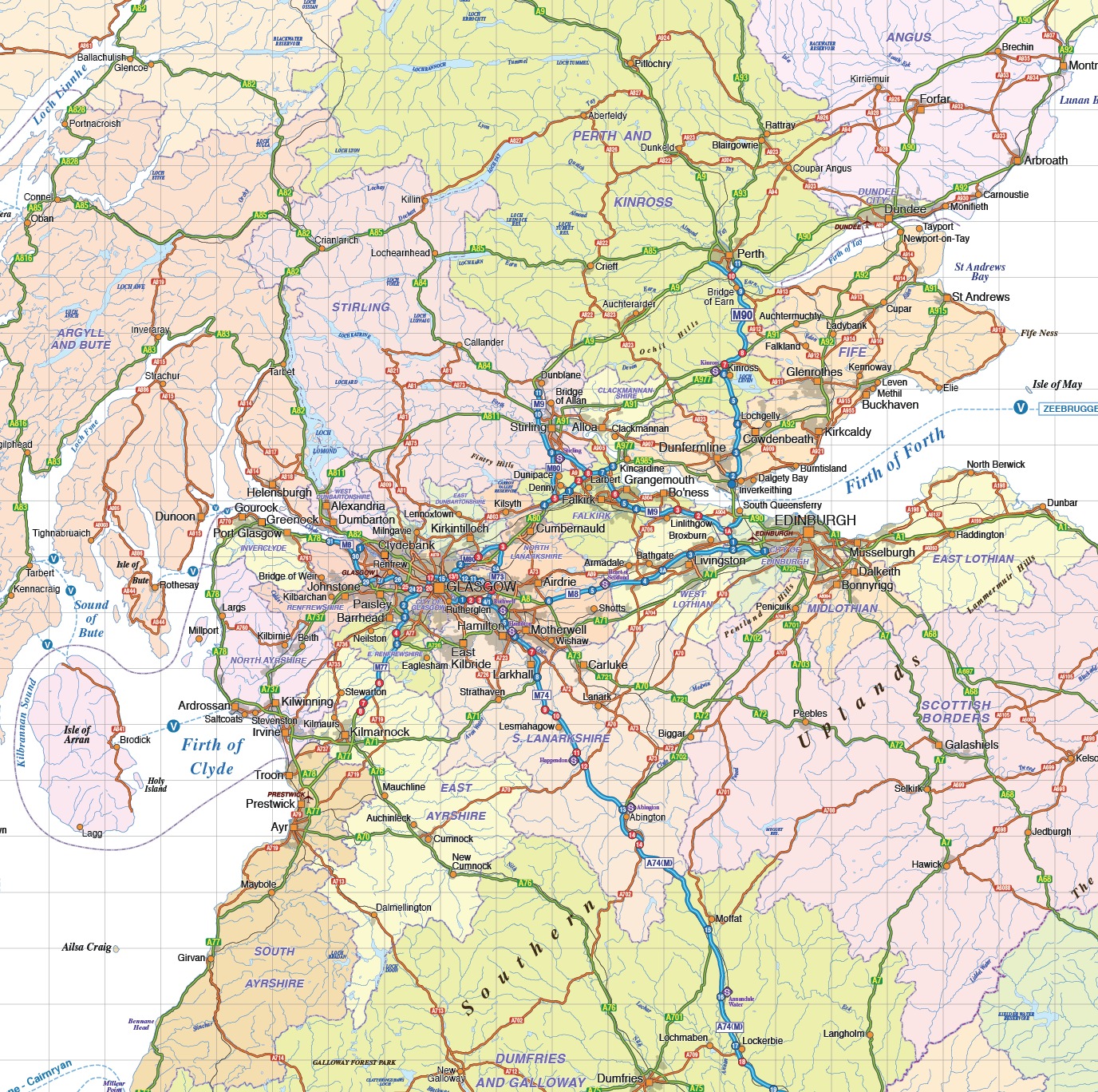 Scotland regions road and rail map 1m scale in illustrator and PDFvector format