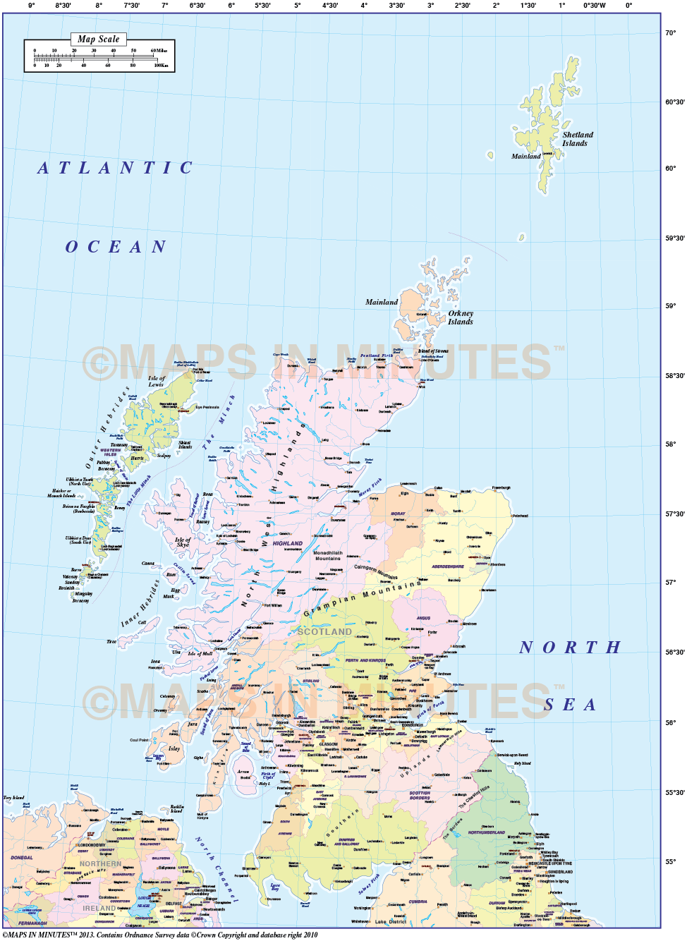 Scotland Regions map with 600dpi high res Strong colour relief @5,000,000 scale in illustrator 