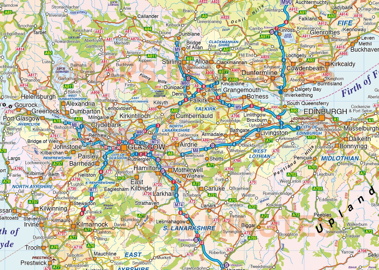 Scotland 1st level Political road and rail map including the Northern Isles 750,000 scale in