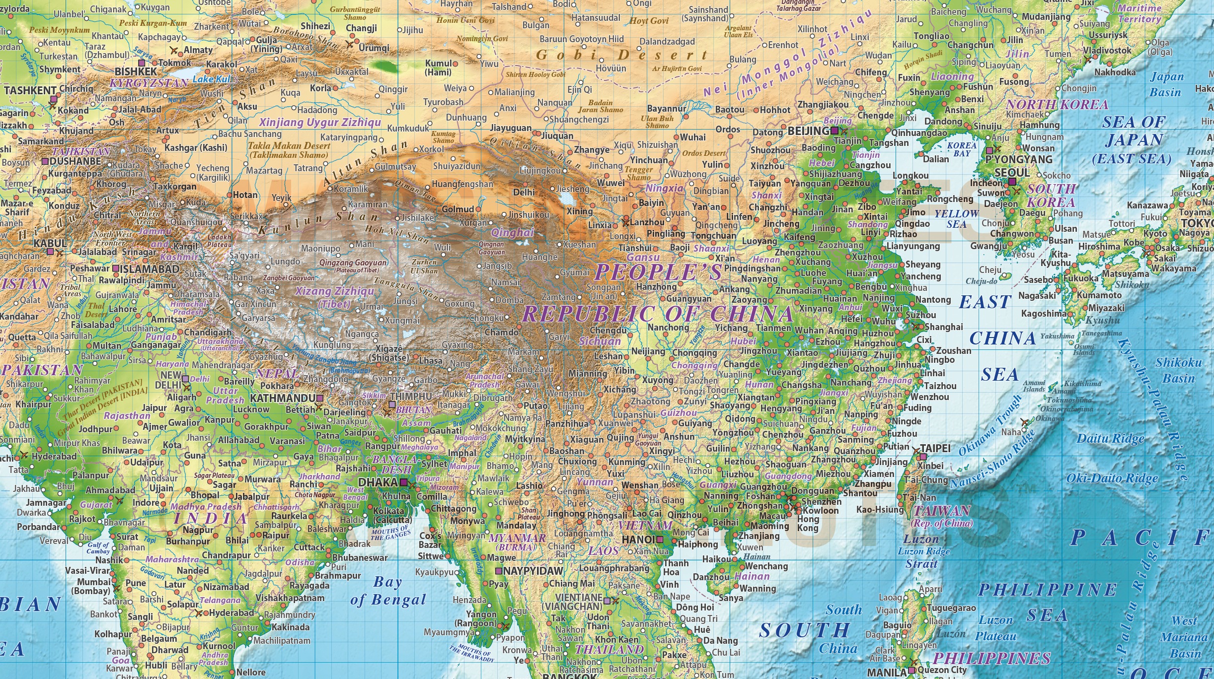 vector south east asia political map with colour relief background for land and ocean floor
