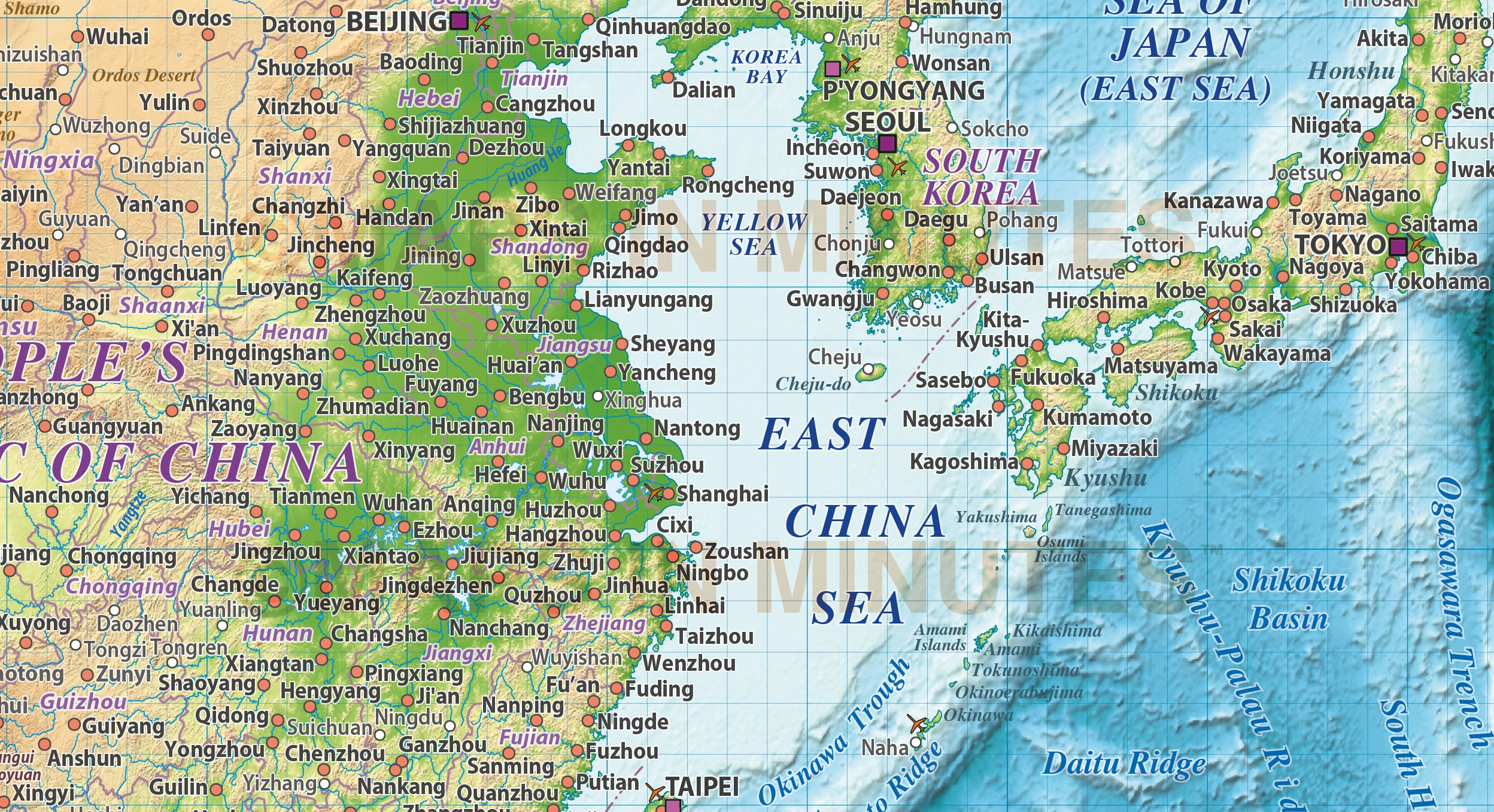 vector south east asia political map with colour relief background for land and ocean floor