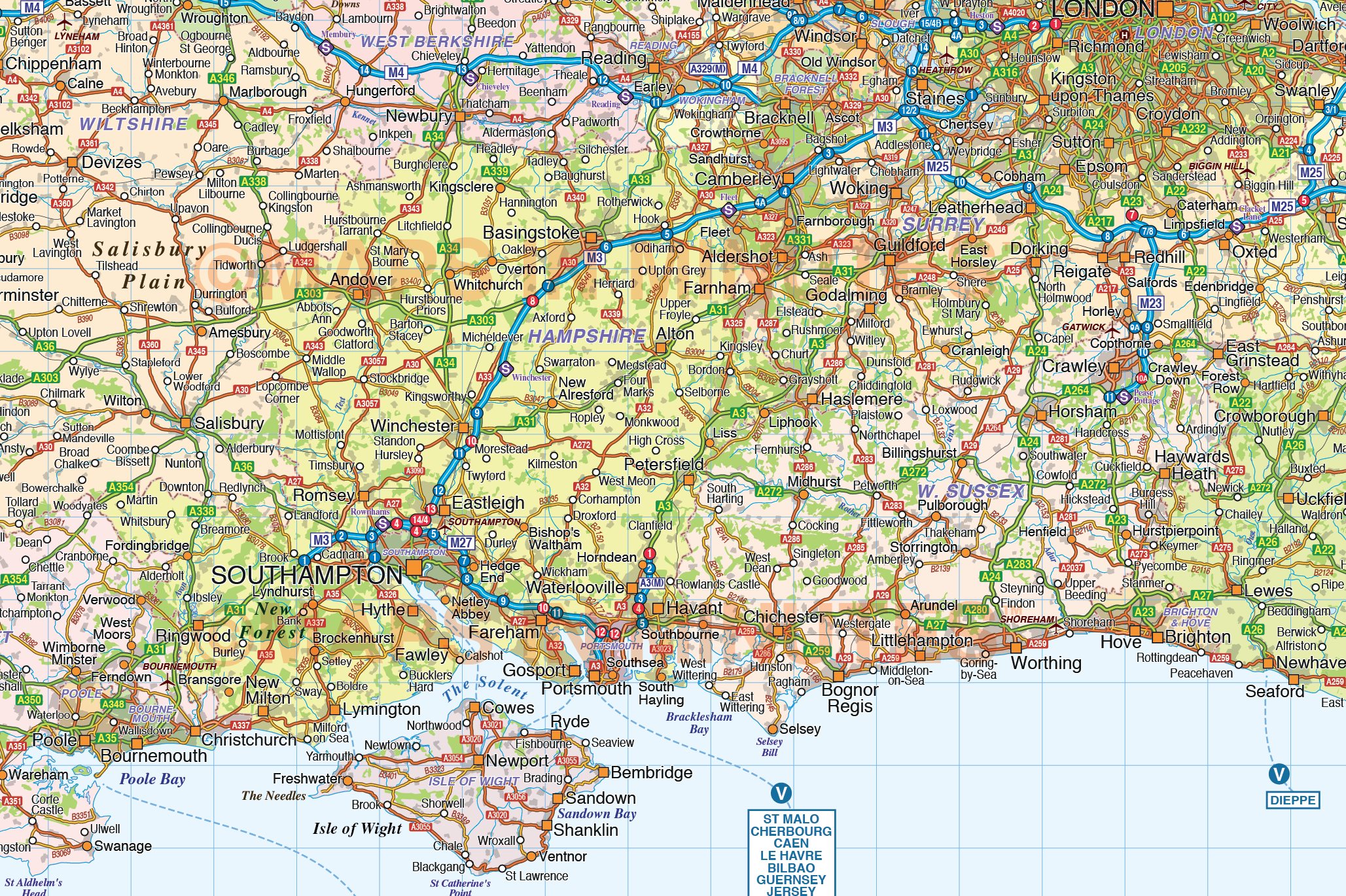 Vector South East England Map. County Political Road and Rail Map @750k