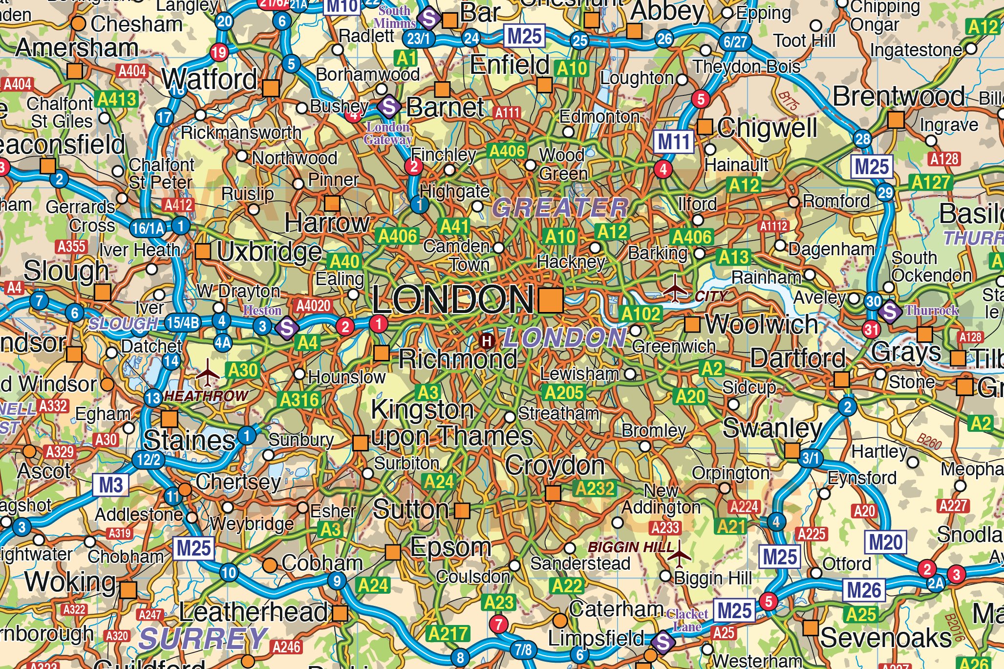 Vector South East England Map. County Political Road and Rail Map @750k