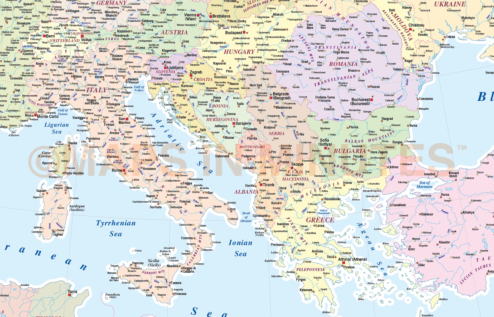Digital vector southern Europe map, in Illustrator and pdf format