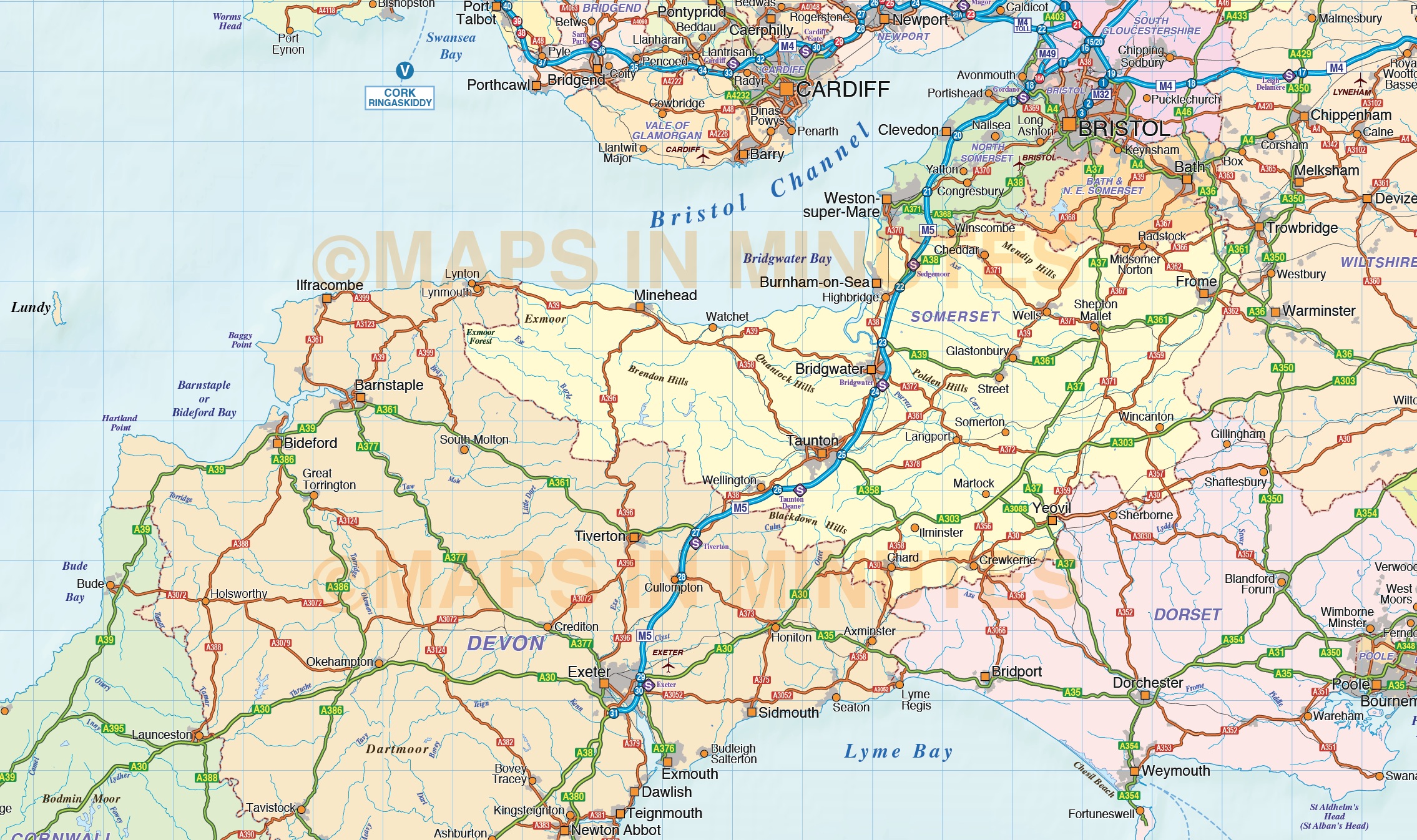 South West England County Road & Rail Map with Regular relief @1m scale
