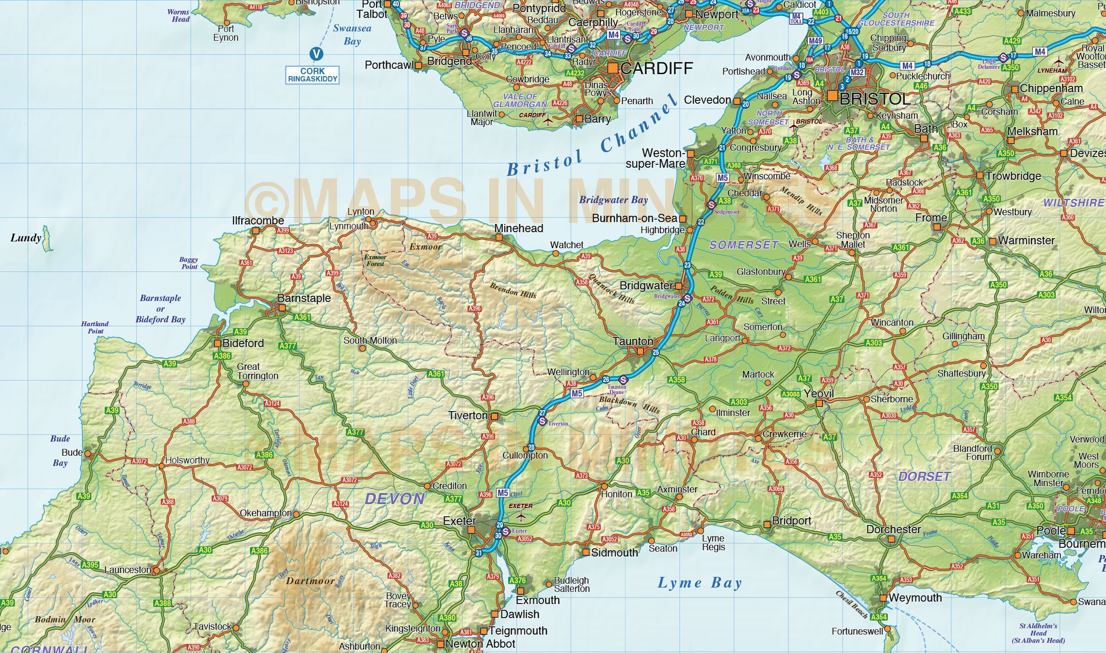 south-west-england-county-road-rail-map-with-regular-relief-1m-scale