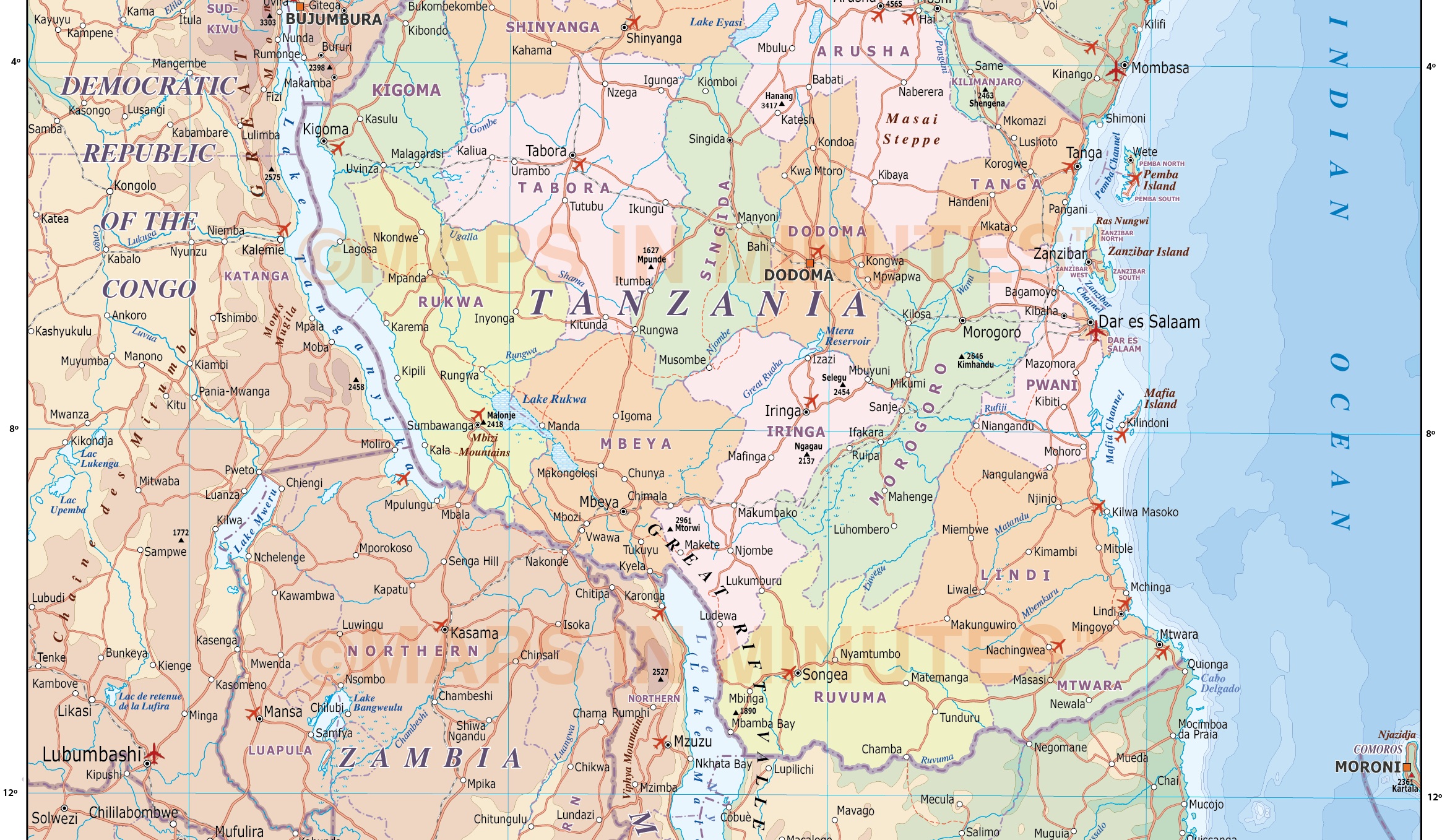 Tanzania Digital Vector Political Road Rail Map With Tanzania Digital Vector Political Road Rail Map With