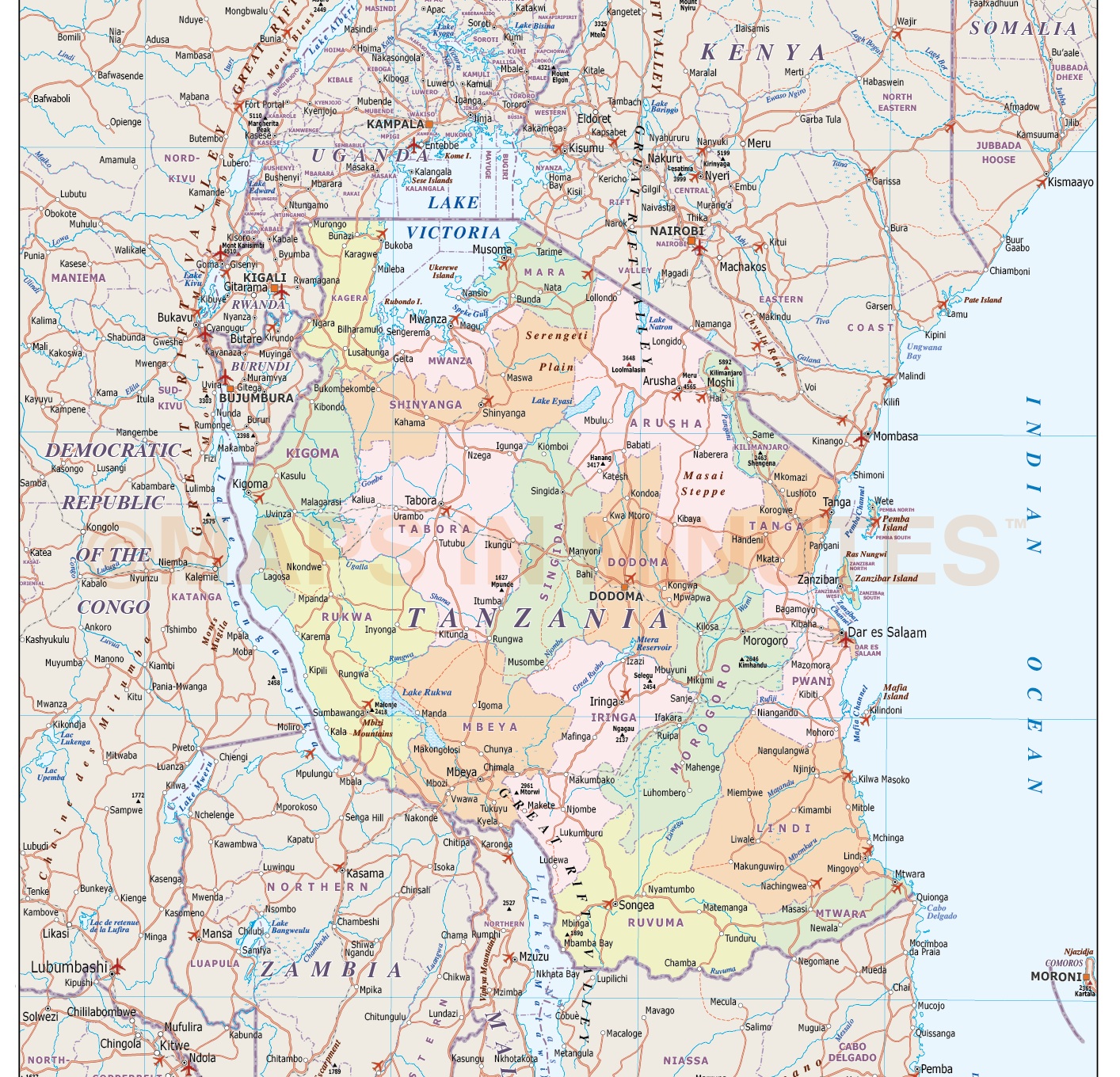 Tanzania Digital Vector Political Map With Internal Divisions Road