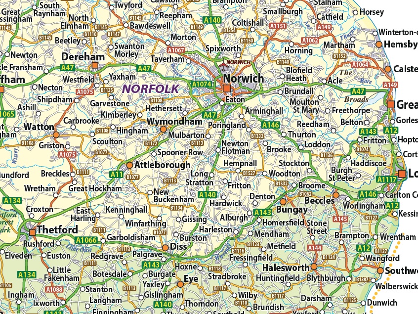 Digital vector England, UK maps, East England Political and Relief 