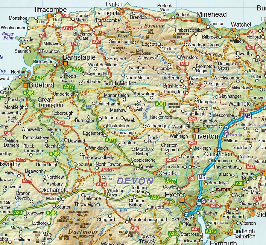 South West England road maps. Illustrator AI vector format, Detailed, Political, road, rail