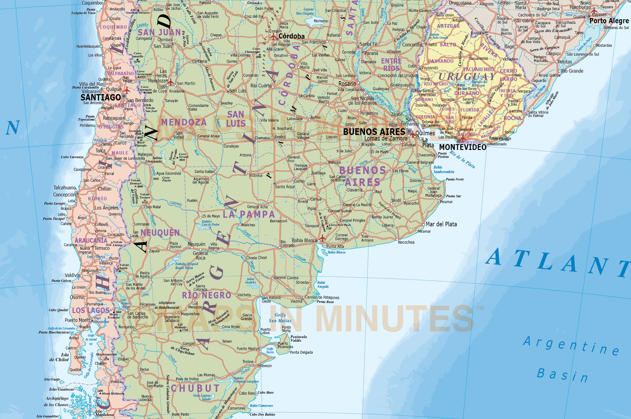 Digital vector Argentina Deluxe Political Road & Rail Map plus land and