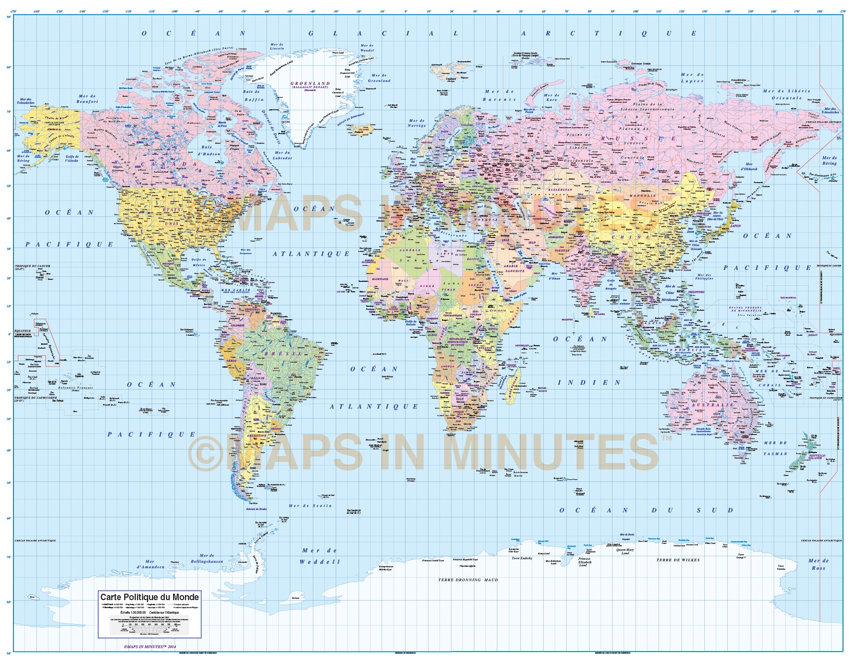 Digital Vector World Map Carte Française Du Monde Politique