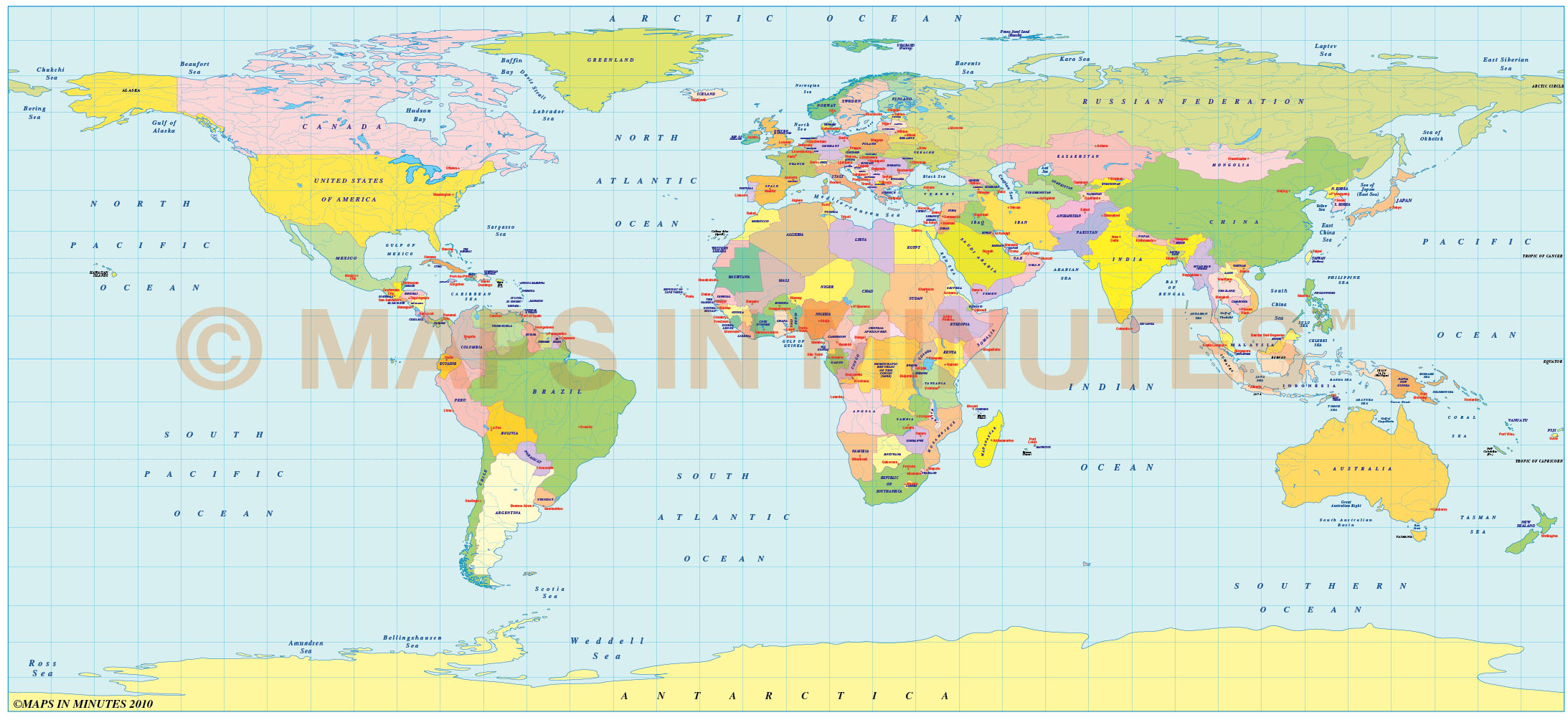 Rectangular Projection World Map With Countries And Major Cities Images