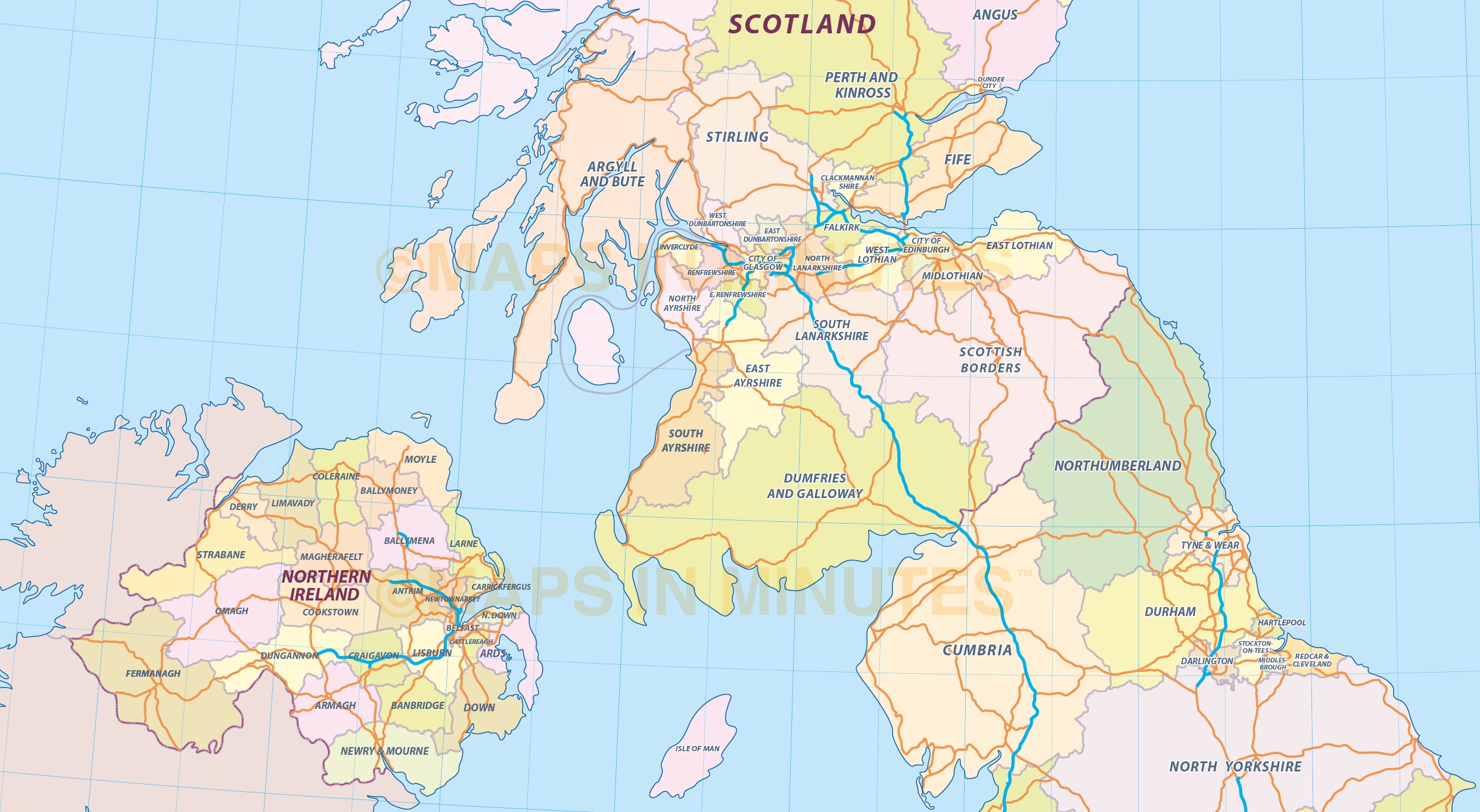Digital UK Simple County Administrative map @5,000,000 scale. Royalty