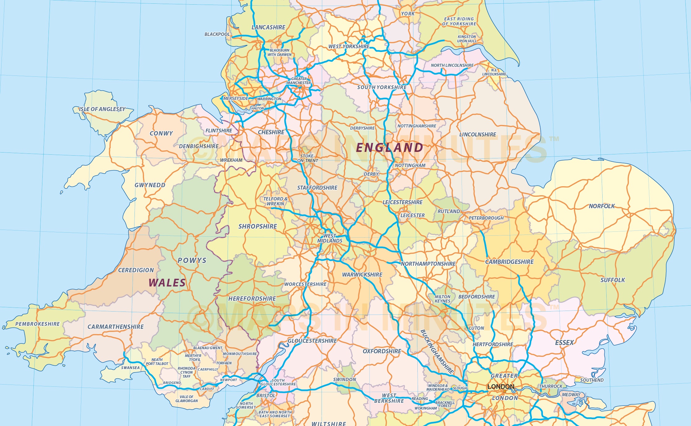 Digital UK Simple County Administrative map @5,000,000 scale. Royalty