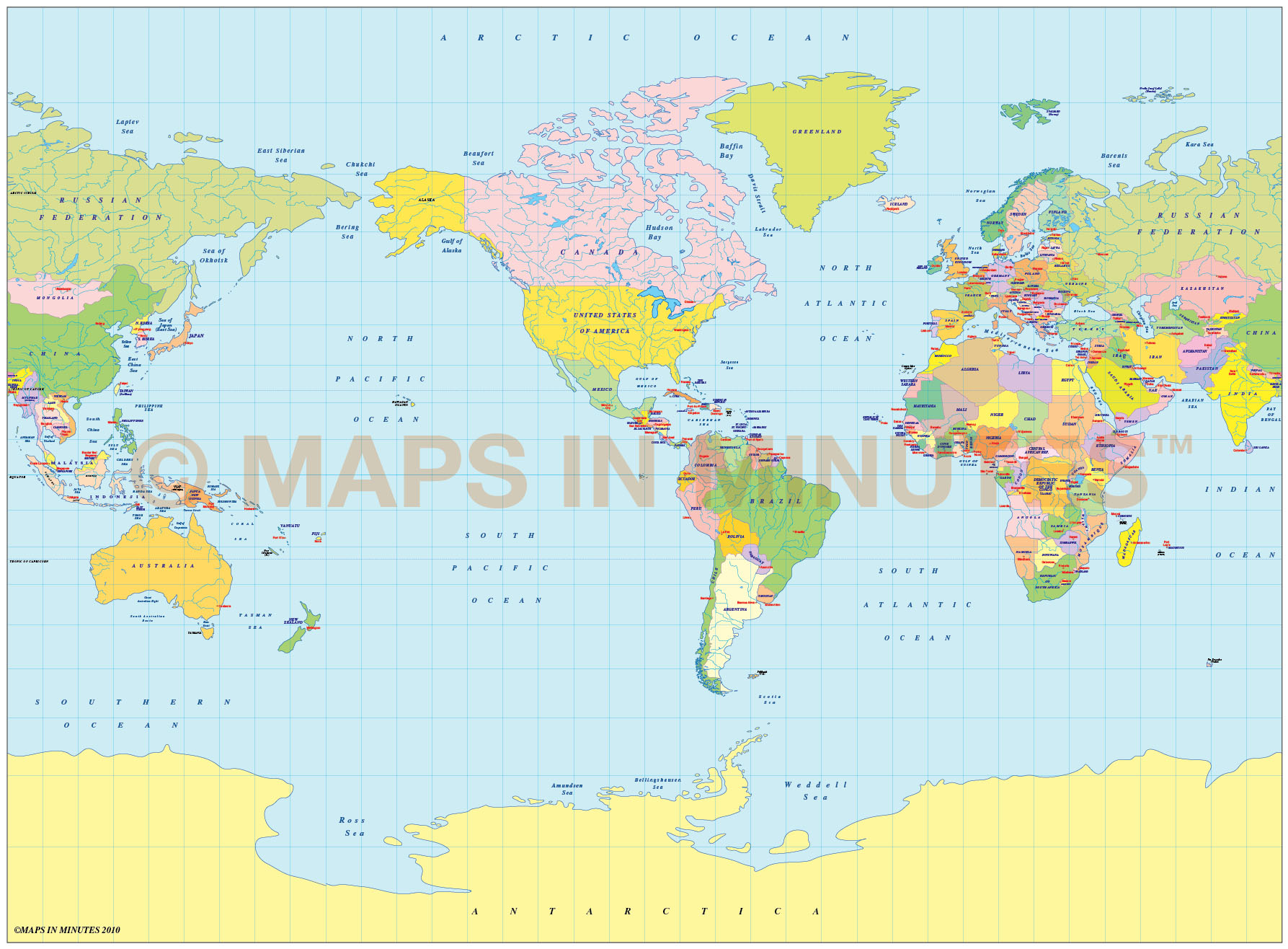 Vector world map, Miller Projection Political map small scale US ...