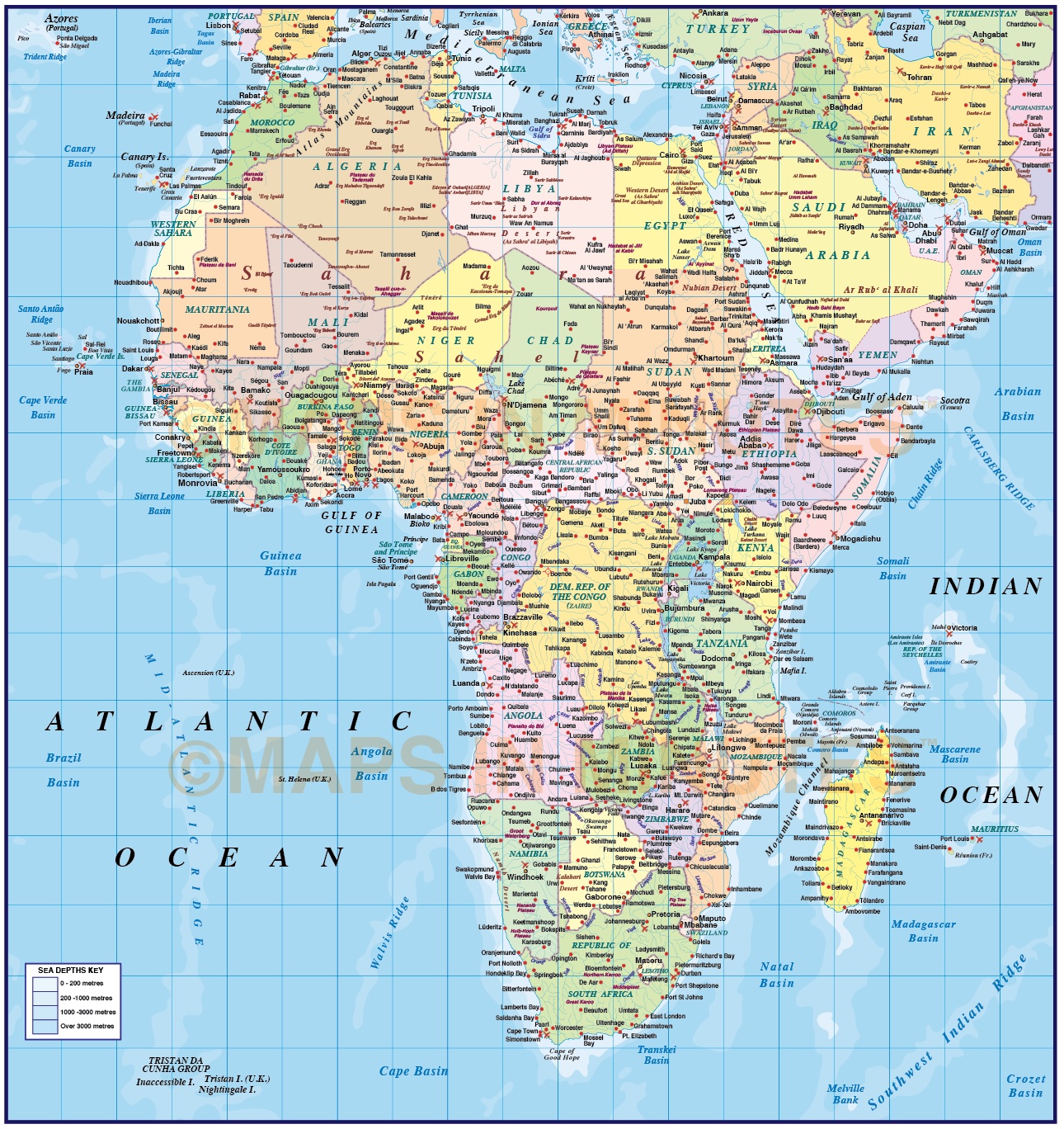 Digital vector map of Africa region, political with Ocean contours, in