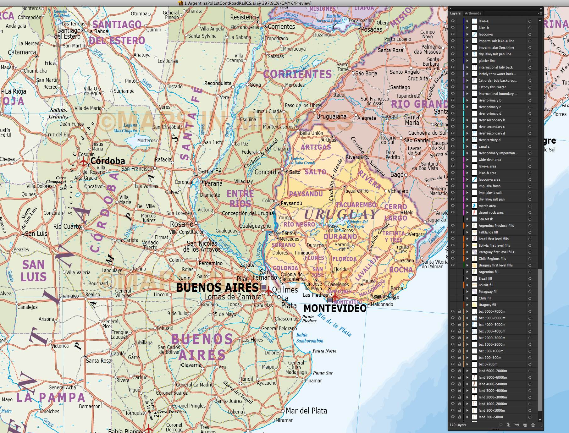 Digital vector Argentina Deluxe Political Road & Rail Map plus land and