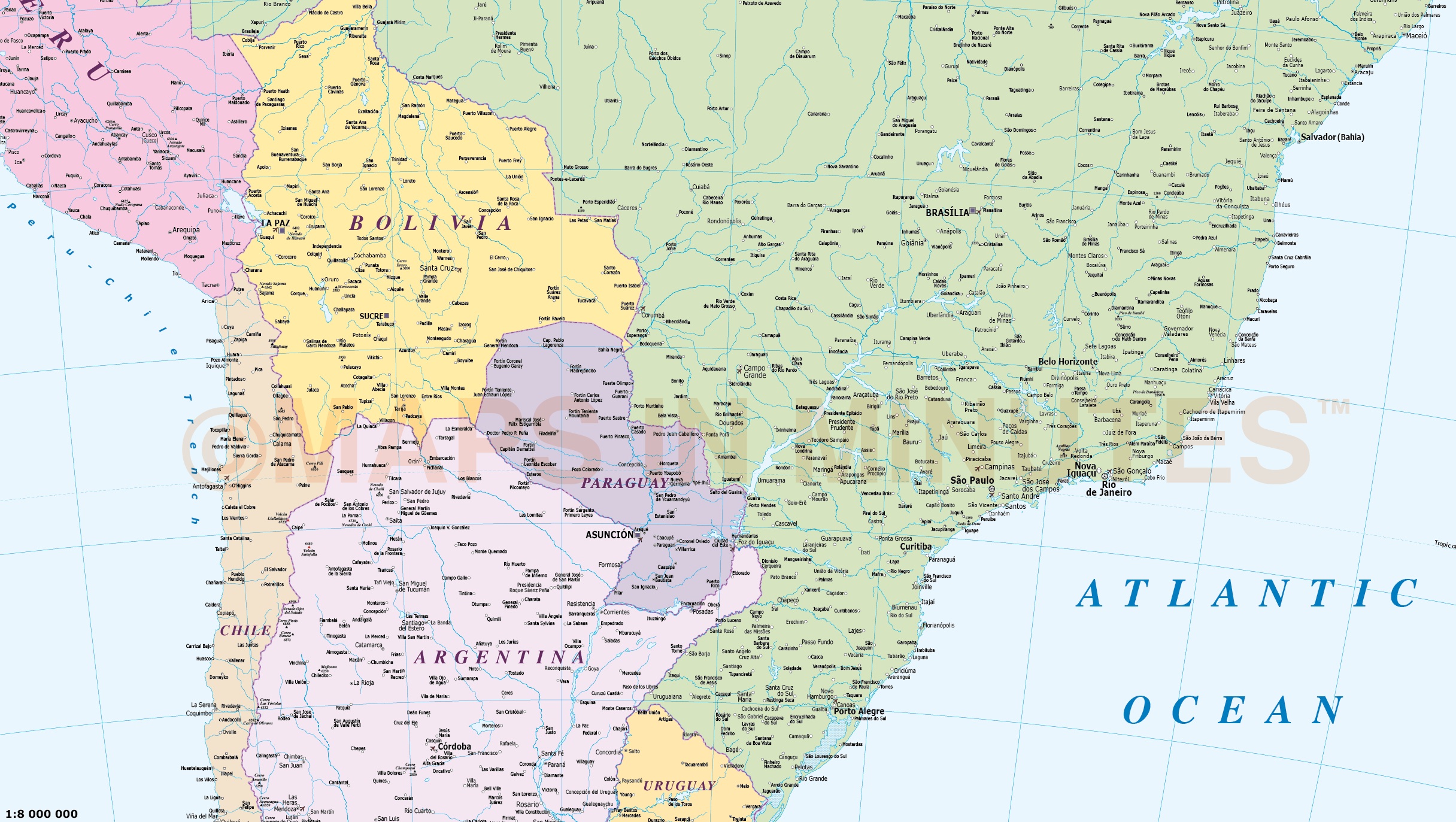Digital vector South America map. Deluxe Political Road & Rail Map with