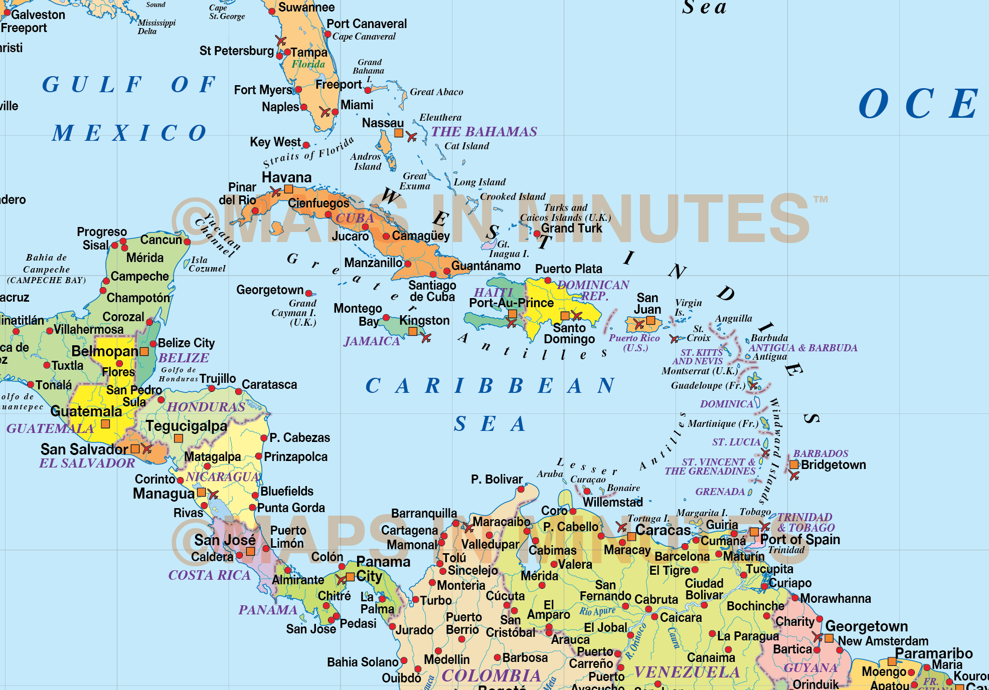 Digital vector Central America & Caribbean Political Map @10m scale ...