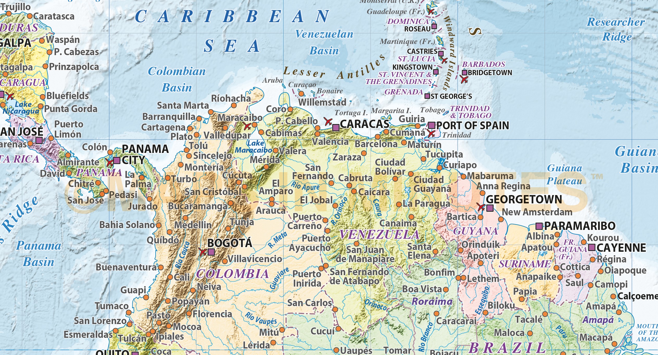 Caribbean/Central America map with Political colour relief, Illustrator